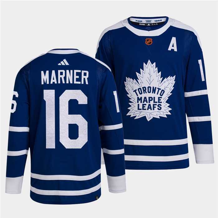 Mens Toronto Maple Leafs Black #16 Mitch Marner Blue 2022 Reverse Retro Stitched Jersey Dzhi